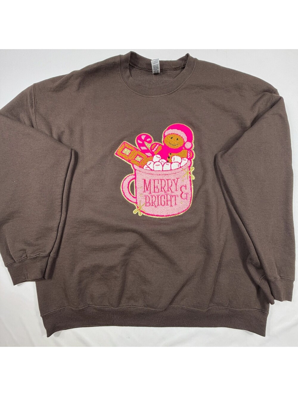 Gildan Heavy Blend Brown Sweatshirt with Merry & Bright Holiday Design, Size 2XL